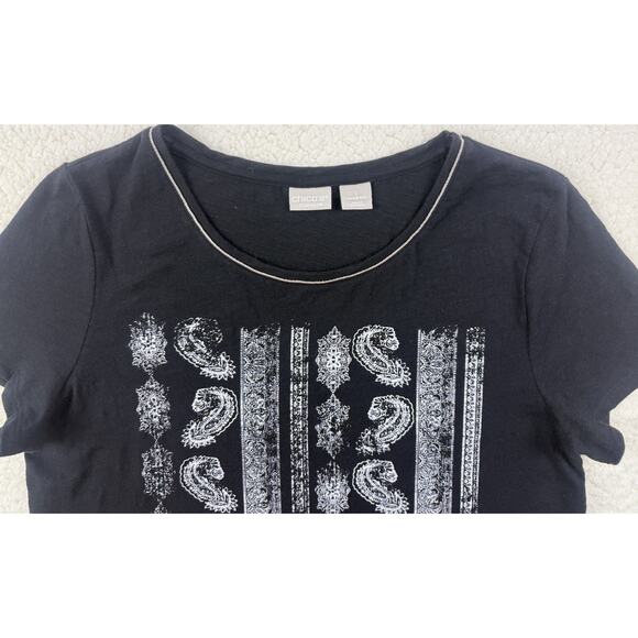 Chicos Zenergy Tee Women’s M Black Front Print Bling Round Neck Short Sleeve - Picture 2 of 9